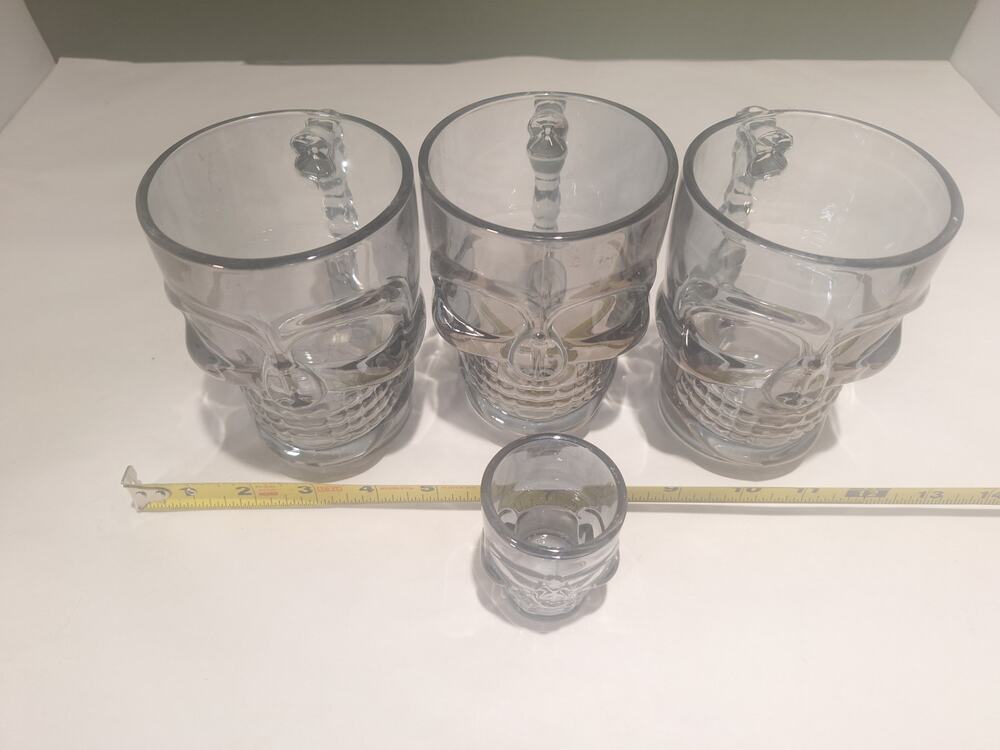 Skull Beer Mug Set 3 + Skull Shot Glass Gothic Barware Halloween Decor